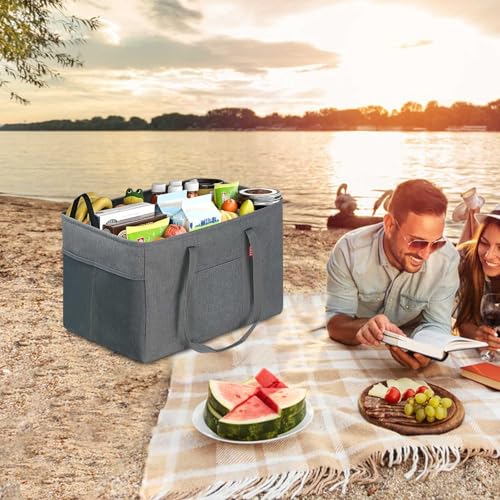 LHZK Standing Utility Tote Bag with Metal Wire Frame and the Sides Rinforced, Large Tote Bag with Handle, Reusable Grocery Bags Foldable, Beach Bag, Car Tote (Grey, 18.5''x11.8''x11.5'') - color: Dark Gray, size: 18.5''x11.8''x11.5''-1 Pack