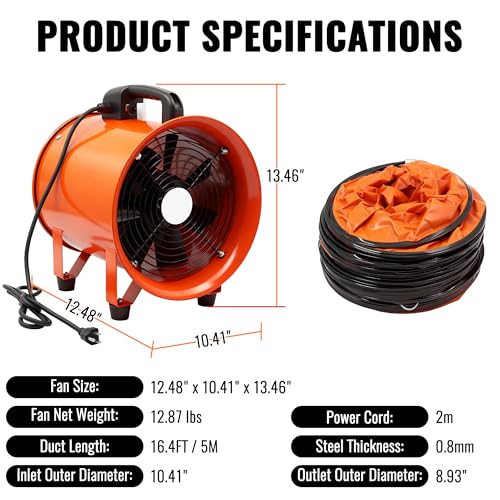 dreamdragon Upgraded 8-Inch Utility Blower Fan, Portable Industrial Exhaust Fan with 16.4ft Flexible Duct Hose, 3300 RPM Ventilator for Workshops Warehouses and Basements