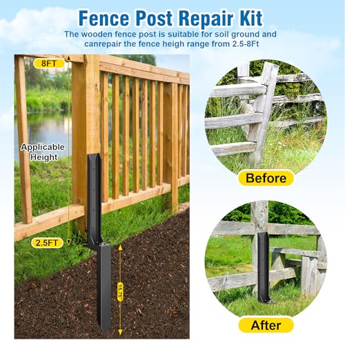 2 Pcs Fence Post Repair Kit, Heavy Duty Fence Post Anchor Ground Stakes for Repair Tilted, Broken Wood Support