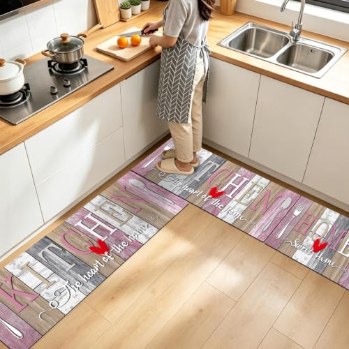 Kitchen Rugs Set 3 Piece, Non Slip Pink Kitchen Mats for Floor, Soft Fabric with Rubber Backing, Farmhouse Anti Fatigue Runners Carpet for Home Kitchen Laundry Room Hallway (Rustic Pink & Grey) - color: Rustic Pink & Grey