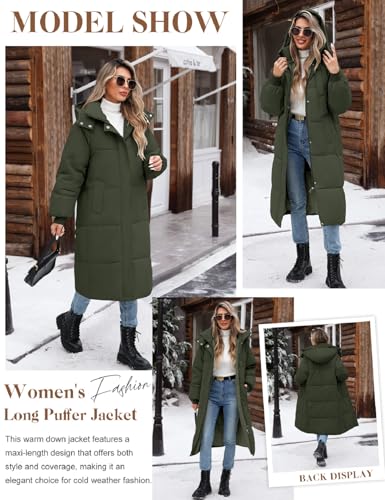 Women Long Puffer Coat Winter Warm Hooded Jacket Long Sleeve Parka Full Length Down Coats With Zip - color: Army Green, size: Medium