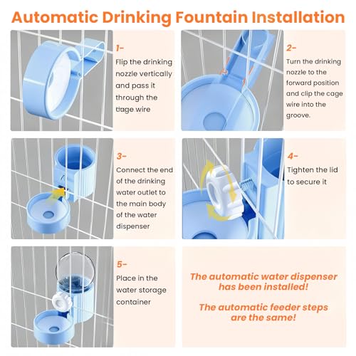 38oz Rabbit Water Dispenser and Feeder Set (Blue) | Large Hanging Automatic Food Water Dispenser, for Bunny Guinea Pig Chinchilla Ferret Cage Accessories - color: Blue