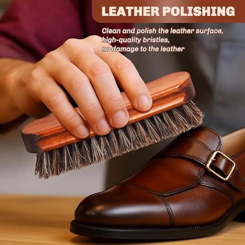 4 Pcs Horsehair Shine Shoes Brush Kit Polish Dauber Applicators Cleaning Leather Shoes Boots Care Brushes Suede Cleaner Brush with Microfiber Shoe Cloth(Brown Style A) - style: Brown Style A