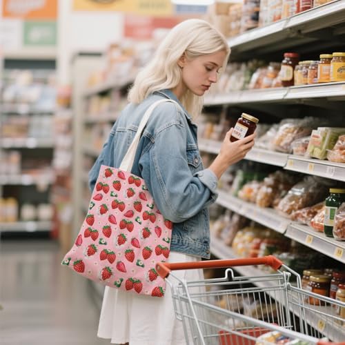 Aesthetic Canvas Tote Bag for Women - with Magnetic Snap Closure & Zipper Inner Pocket Reusable Totes Bag - color: Strawberry3