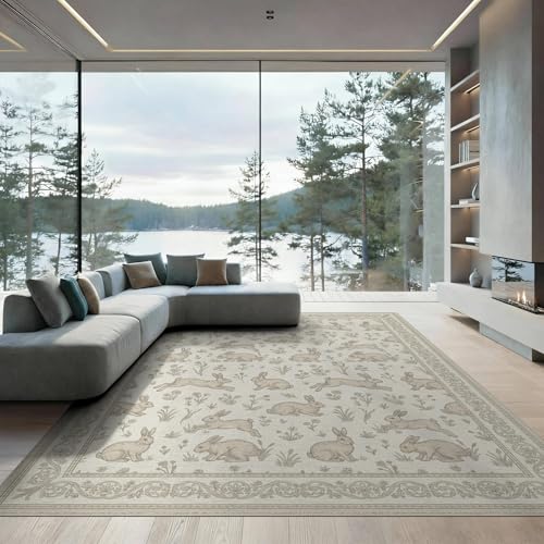 8'x10' Washable Cottagecore Bunny Large Rug, Ivory Non-Shedding Pet Friendly Carpet Foldable Easy Care Mat for King Size Bedroom, Master Suite, Under Bed | Ref:1969513 - color: Beige/Pattern 21, size: 8' x 10' (Rectangular)