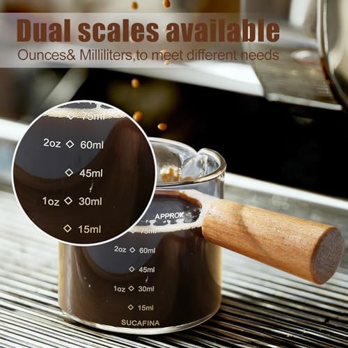 2 Pack Espresso Cups with Wood Handle, 75ML Double Spout Glass Measuring Cup with Dual Scale, Espresso Shot with V-Shaped Mouth, Clear Glass Espresso Accessories, Milk Frothing Pitcher