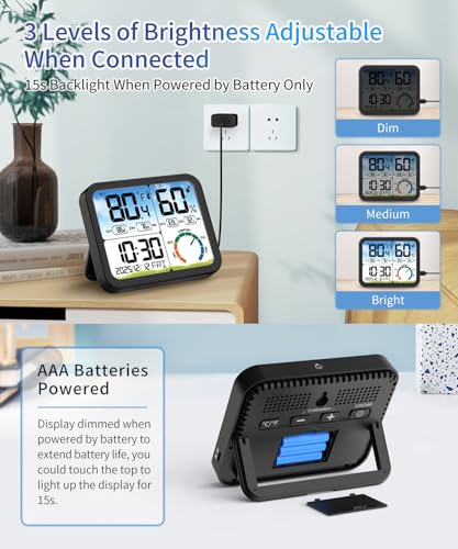 5.8'' Digital Indoor Thermometer Hygrometer, Temp Humidity Monitor & Clock | USB-C & Battery Powered, Large Backlit Display, Calibratable Readings, Max & Min Records, Comfort Level, Date & Time Display - color: Black