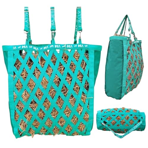 Majestic Ally Double Side Open Slow Feeder Hay Bag - Diamond Shaped Obliquely Placed Webbing (Turquoise) - color: Turquoise