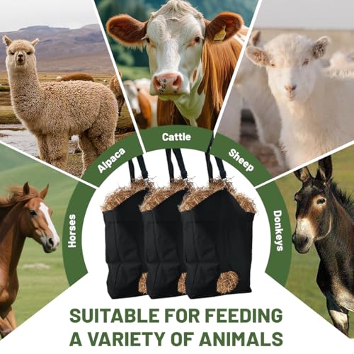 3 Pcs Hay Feeder for Goat, Slow Feed Hay Bags for Goats, Horses, Sheep, Donkey, Premium Nylon Goat Feeder Less Hay Waste Tote Bag with Large Opening for Easy Filling