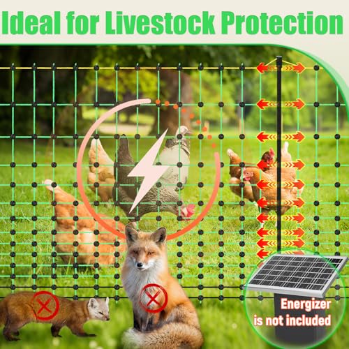 48" x 164' Electric Chicken Fence, Electric Poultry Netting for Chicken, Duck and Goat, Portable Anti-Predator Electric Fencing in Farms, Ranches, and Gardens (16 Posts, 2 Spikes)