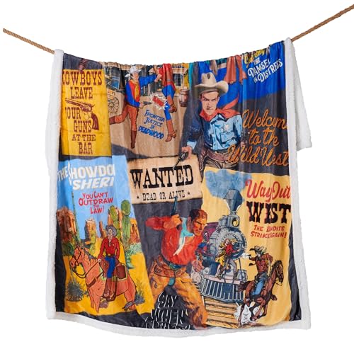 Paseo Road Indigo Hill by HiEnd Accents Bandits and Heroes 54x68 Blanket | Colorful Cowboy Outlaws Collage Print, Rustic Southwestern-Style Western Sherpa Fleece Blanket for the Couch, Sofa, or Bed - color: Heroes and Bandits