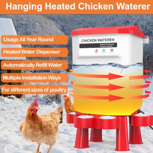 Hanging Heated Chicken Waterer, 2 Gallon Plastic Chicken Water Heater Heated Poultry Drinker, Detachable Legs, Winter and Summer Dual-use, Poultry Water Heater for Chicken Goose Duck - Red
