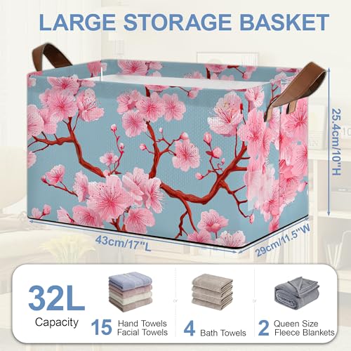 Cherry Blossoms Collapsible Storage Box,Japanese Organizer Bin with Handles for Room Decoration,Bins Book Basket Box 17x11.5x10Inch - color: Cherry Blossoms Japanese
