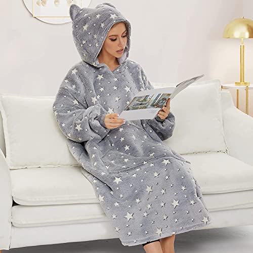 THREE POODLE Wearable Blanket Hoodie, Glow in The Dark Oversized Hoodie Blanket, Sherpa Hooded Blanket Sweatshirt for Adults Women Men Kids, Cozy Gifts - color: Luminous Star, size: Adult-Extra Long