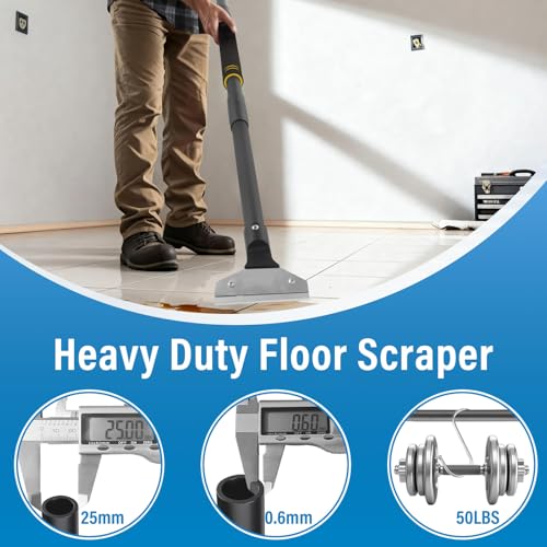 Floor Scraper Long Handle, 31"- 58" Razor Blade Floor Scraper Heavy Duty Tool with 10 Blades for Cleaning Wall Razor Glass Wall Gum Paint Tile Glue Adjustable Metal Pole (58)