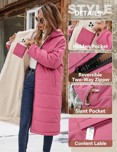 Women Winter Coats Fleece Long Coats Jackets Oversized Warm Down Jacket with Hood - color: Brick Red, size: XX-Large