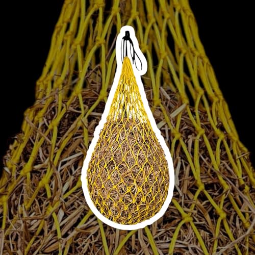 Majestic Ally 2 pcs Slow Feed 42” Hay Net for Horses, Strong Small 2x2” Holes, Nylon Rope Hanging, Adjustable Travel Feeder for Trailer and Stall, Simulates Grazing, Reduce Waste - color: Yellow
