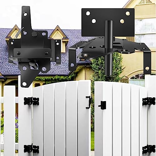 Self Locking Gate Latch and Gate Hinges Set Heavy Duty Hardware Hinges for Vinyl and Wood Fence with Installation Screws and Swing Adjuster Tool Heavy Duty 1 Gate Latch 2 Gate Hinge
