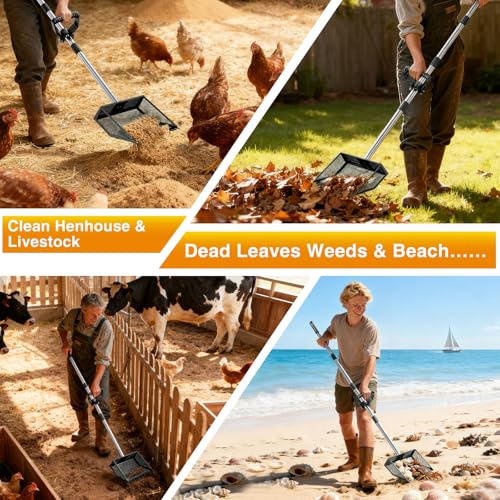Large Chicken Poop Scooper: 2-in-1 Metal Pooper Scooper & Rake Adjustable 62" Long Handle Stainless Steel Sand Sifting Litter Shovel Chicken Coop Scoop Cleaning for Bedding Goats Farm Yard Black - color: Black