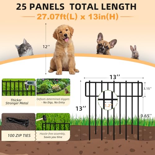 HIHADUUM 27.07ft Animal Barrier Fence - Garden Fence Animal Barrier 1.2" Gap & 3.75mm Thick Steel No Dig Fence Panels for Barrier, Dog Fence Outdoor for Yard, Garden Fencing and Garden Edging Border - size: 27.07 ft(L) X 13 in(H), 25 Pack