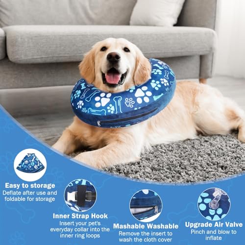 SCENEREAL Dog Cone Alternative After Surgery Donut Collar, Soft Inflatable | Pet Recovery Pillow Collar for Small Medium Large Dogs, Inflatable Neck Cone ECollar to Stop Licking, Blue Bone&Paw Print - color: Blue Footprints, size: XL(Neck 18"-21")