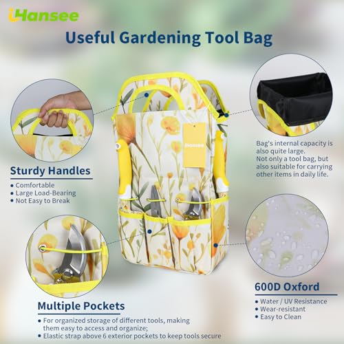 Yellow Garden Tools Set 10 Pieces, Gardening Gifts for Women | Aluminum Alloy Steel Hand Tool Kit w/Non-Slip Ergonomic Handle, Floral Print Garden Supplies Organizer Handbag, Gardening Set - color: yellow