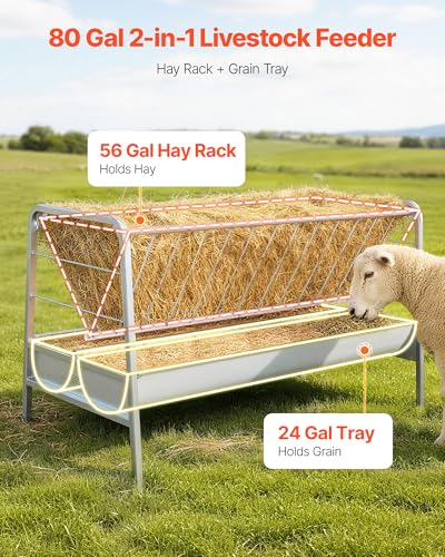 VEVOR Livestock Hay Feeder, 2 in 1 Grain & Hay Feeder, 80-Gallon Capacity, 57.9" Long Goat Pasture Feeding with Deeper Feeding Pan, Heavy Duty Steel Grain Holder for Sheep Sheds, Farms, Horse Barns - size: 57.9 x 27.6 x 34.1 in
