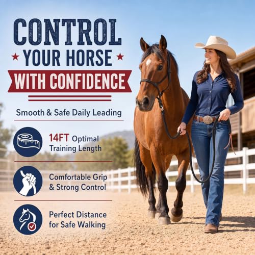 14ft Training Lead Rope, 5/8'' Thick Braided Horse Lead, Black | Cotton Web Lunge Line, Solid Metal Trigger Snaps, for Horse Training Lunging Ground Driving Daily Leading Equine