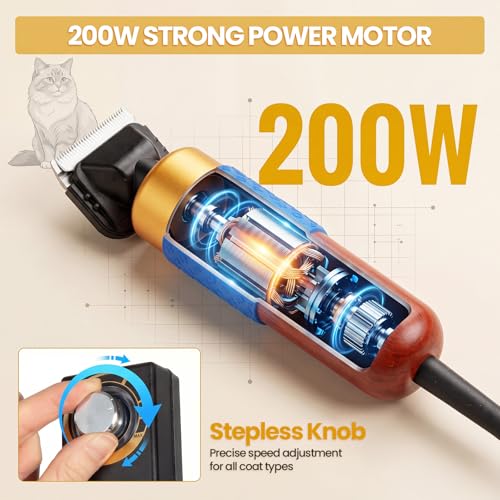 Dog Grooming Clippers 200W Professional Pet Hair Clippers with Zirconia Ceramic Blade, Low Noise Variable Speed Electric Clippers for Thick Coats, Dogs, Goats and Alpacas
