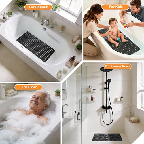 Yimobra Bathtub Mat Non Slip, 27.5"X15.5" Machine Washable Shower Floor Mat, Soft on Feet, Bathmat with Drain Holes and Suction Cups, Bathroom Essentials, Black - color: Black, size: 27.5 X 15.5 Inch