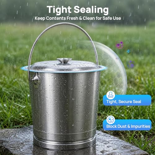 8L Stainless Steel Bucket with Lid & Handle, Silver Milk Pail | Metal Bucket Multipurpose Storage Container for Pet Food Rice Sand Ice - size: 8L
