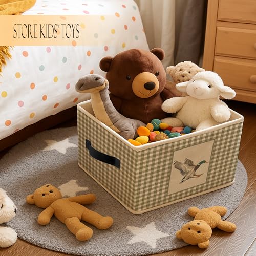 Mallard Duck Canvas Fabric Foldable Storage Bin Basket with Handles | Green Plaid Wild Duck Basket Bin for Kids Playroom Nursery Clothes Toys,Canvas Laundry Room Organization - color: Green Flying Mallard Duck