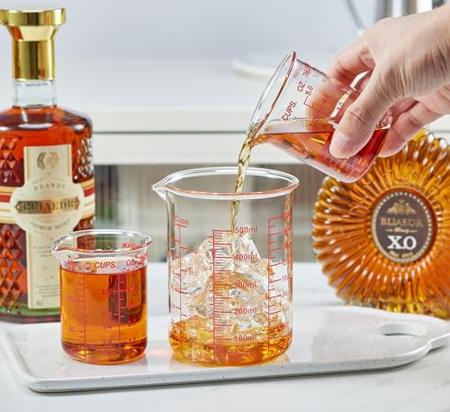 Ackers BORO3.3 Glass Measuring Cup, V-Shaped Spout, 150 mL / 5 oz, Single | 3.3 borosilicate glass with five red printed scales and a wide opening for cooking, baking and drink preparation - size: 150 ML (5 Oz)-SINGLE