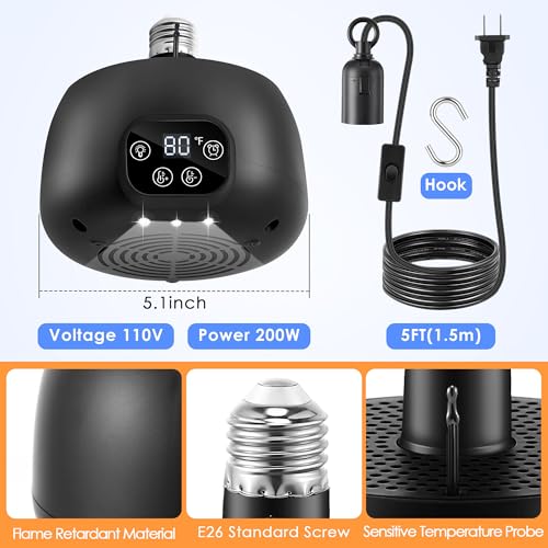1 Pack Chicken Coop Heater with Remote, 200W Chicken Coop Warmer Temperature Control with Lights, Heat Lamps for Chickens with Digital Display and 5Ft Cable for Reptiles/Duck/Lizard