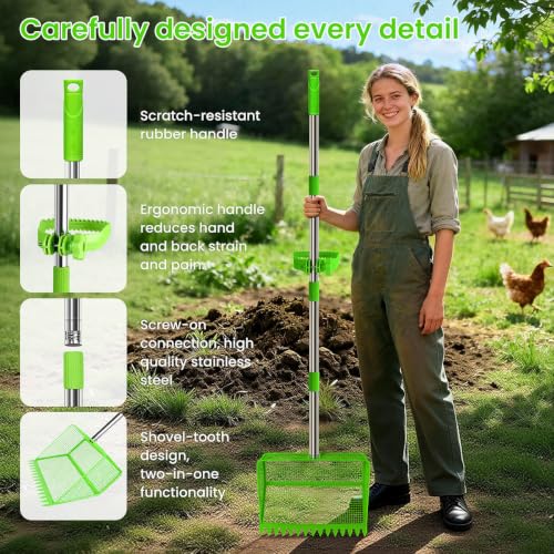 2026 Upgraded 2-in-1 Chicken Poop Scooper & Rake with Handle, 12inch Heavy-Duty Metal Chicken Coop Scoop for Sand Sifting Shovel Litter Scooper for Farm House Chicken Coop Cleaning Tools Accessories - color: Green