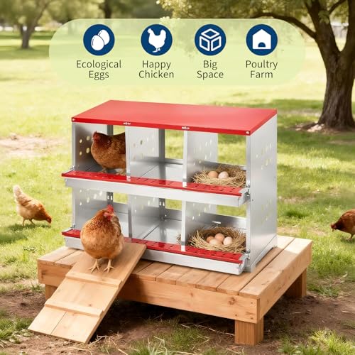 37.8" Metal Chicken Nesting Box, 6-Compartment 2-Tier Poultry Nest Box with Perch and Ventilation Holes, Red Roof Hen Laying Box for Up to 6 Chickens - color: Red A, size: 37.8"L x 18.9"W x 28.0"H