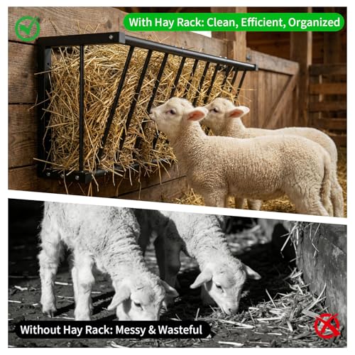 Wall Mount Hay Rack for Goats, Sheep, Horses – Heavy Duty 25 Gallon Livestock Hay Feeder, Hanging Blanket Holder with Rust Resistant Coating, Space Saving Farm Goat Feeder for Indoor, Outdoor Use - size: 25 Gallon