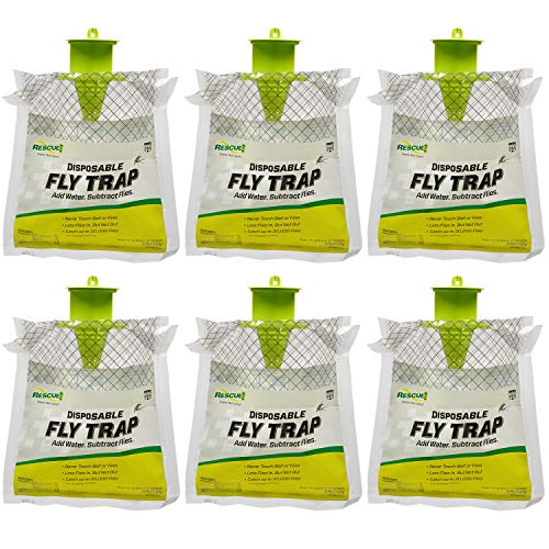 Rescue! Outdoor Disposable Fly Trap – Hanging Fly Catcher with Attractant Bait, Fly Bag for Patio, Yard, Trash & Farm Areas – Easy-to-Use Outdoor Fly Control - 6 Traps