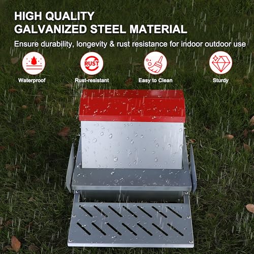 25lbs Automatic Chicken Feeder-Metal Treadle Poultry Feeder, No Waste Rat Proof Chicken Feeder with Sturdy Galvanized Steel Build and Weatherproof Locking Lid for Duck, Fowl, Pheasant Outdoor