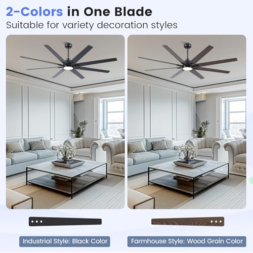Newday 72 Inch Black Large Ceiling Fan with Light, Remote, Reversible DC | 8-blade, 6-speed with timer, 3CCT dimmable LED, silent high airflow, 3 downrods for living room, patio, indoor/outdoor - size: 72 Inch