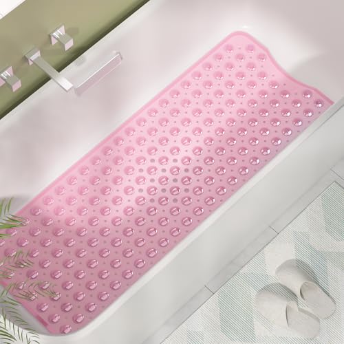AmazerBath Shower Mat Non Slip 40 x 16 Inches, Shower Stall Mats with Suction Cups and Drain Holes, Non Slip Bath Mat for Tub for Elderly & Kids, Clear Pink - color: Clear Pink, size: 40" x 16" (Rectangular)