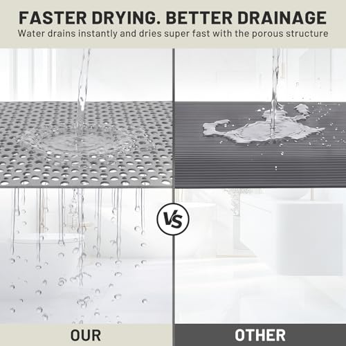 Extra Large Non Slip Shower Mat 47 x 32 in TPE,Grey | Large Square Shower Mat for Inside Shower, Quick Drain Holes, Strong Suction Cups, Textured Surface, Soft TPE