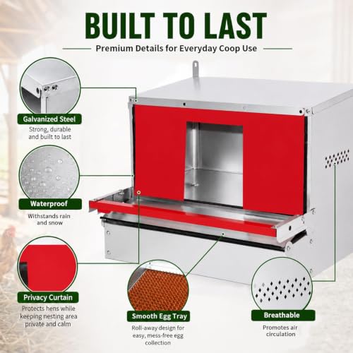 Chicken Nesting Box, Metal Chicken Laying Box with Roll Away Egg Collection | Reversible Wall Mountable Chicken Coop Nesting Boxes for Hens, Ducks, 24"×17.5"×20.3", Up to 20 Hens