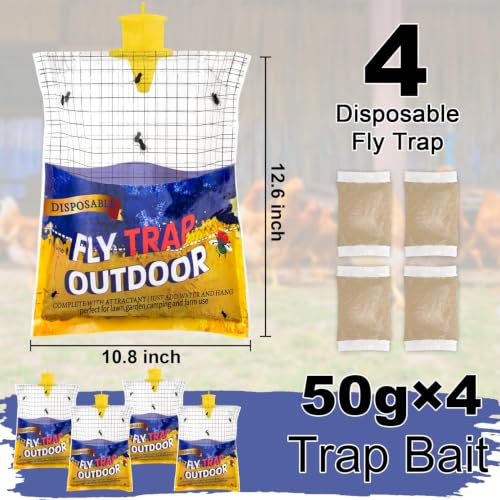 4 Big Fly Bags Outdoor Traps Hanging for Patio - Pre-Baited, Disposable | Fly Catcher Killer Repellent with 4*50g Bait for Outside in Chicken Coop, Horse Barns | Easy to use | Durable | Effective - size: 4 pack