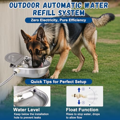 Automatic Water Dispenser for Dogs, 304 Steel Float Valve Pet Water Bowl | Self-Filling, Wall Mounted, 2.5L Capacity, Drain Plug for Easy Clean, for Large Dogs Chickens Horses, Yard Farm Outdoor Use
