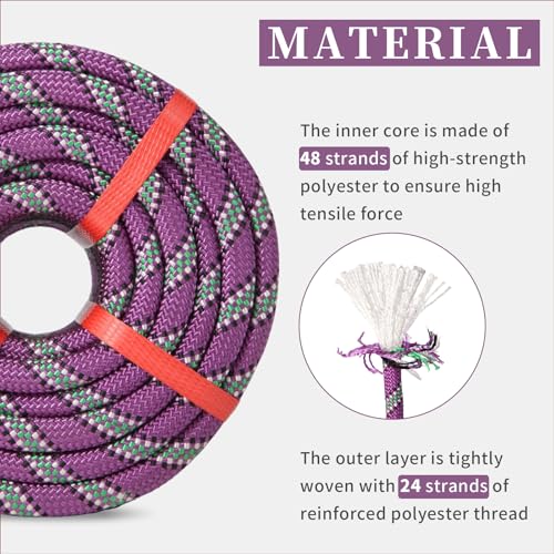Arborist Rope Tree Climbing Rope(1/2 Inch x 100ft) 48 Strands Bull Rope for Construction Climbing Swing Sailing - size: 1/2 x 100ft, style: Purple
