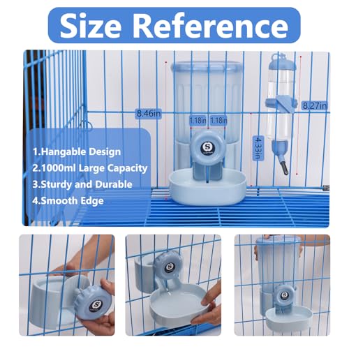 Sangle Sopffy Rabbit Feeder and Water Dispenser Set, Gravity Food Bowl with Water Bottle for Cage, Small Animal Feeding Station for Bunny, Guinea Pig, Chinchilla, Ferret, Hedgehog, Blue 2-Piece Set - color: blue