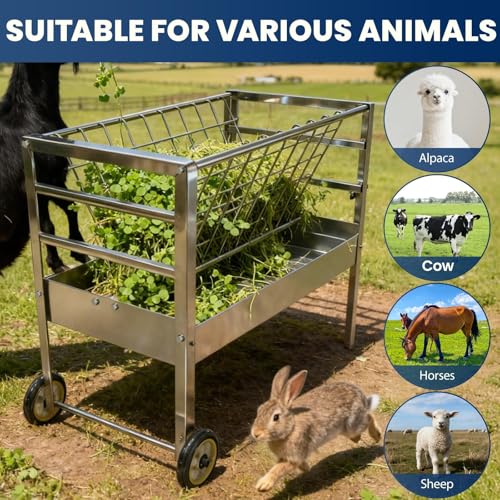 90lb Capacity Goat Hay Feeder with Wheels, 2‑in‑1 Galvanized Steel Livestock Feeder, Rust‑Proof Sheep Feeder Hay with 50 Gallon Feeding Pan for Goats, Sheep, Horses & Pigs