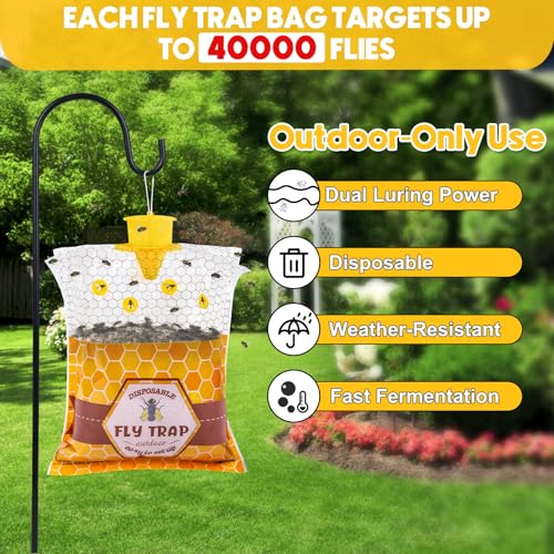 Large Hanging Fly Traps Outdoor with Dissolvable Bait Refills-6 Pack | Disposable 50g Pre-Baited Fly Hunter, Weatherproof Outdoor Fly Bags, Fly Catcher for Chicken Coop Barn Ranch Farm - size: 6 Packs