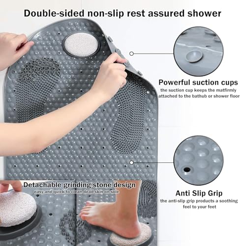 Bath Mat, TPE Non Slip Shower Mat with Suction Cups, 15.7 x 31.4 inch, Foot Scrubber Bath Mats with Removable Pumice Stone for Foot Massage - color: Grey